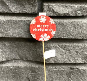 Merry Christmas on Ornamental Ball Wood Stick Red/White