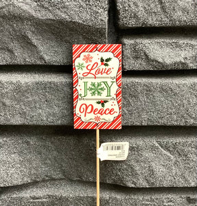 Holiday Saying "Love Joy Peace" Wood Stick Red/White/Green